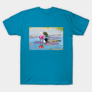 Yellow Billed Loon and Pink Lotus Flowers T-Shirt